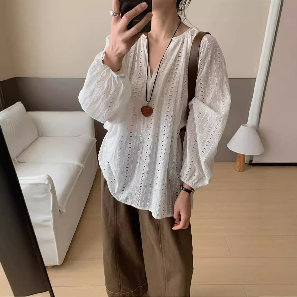 Simple V-neck Embroidered Jacquard Hollow-out Lazy Versatile Women's Long-sleeved Shirt