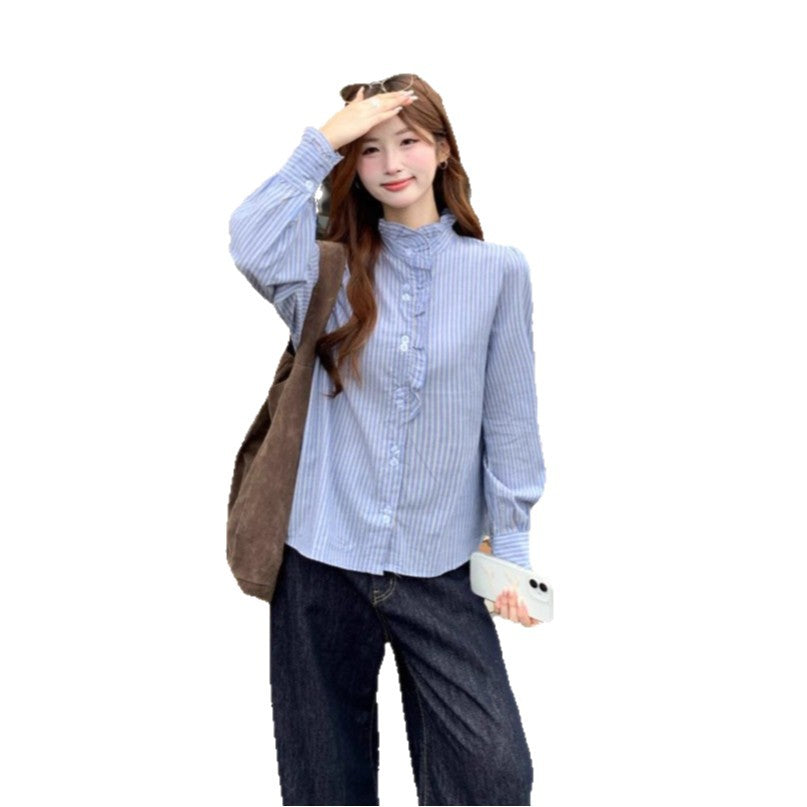 French Ruffled Blue Striped Women's Long Sleeve Shirt