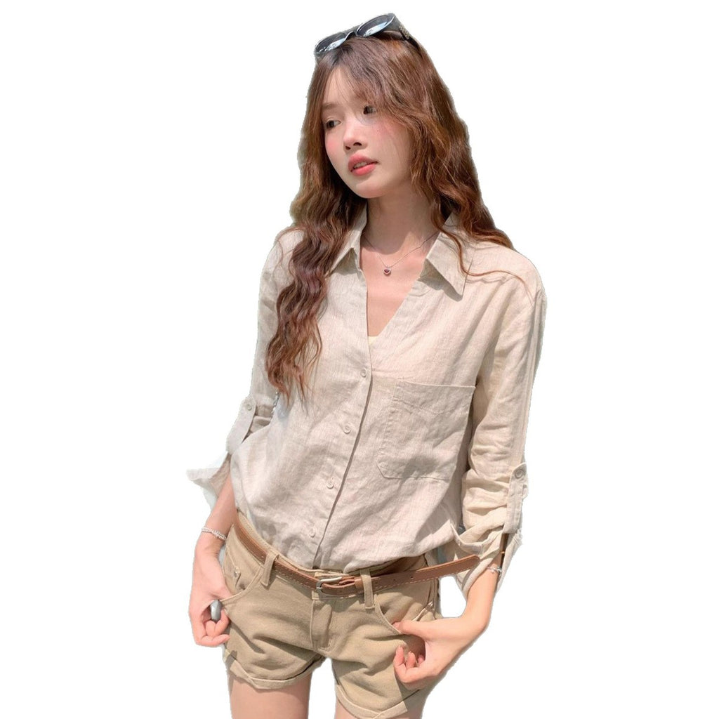 Women's V-neck Linen Casual Long-sleeve Sun Protection Top