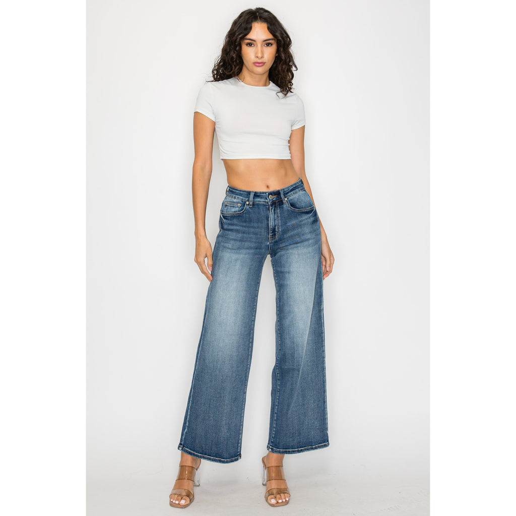 Dark Blue Plus Size High-Waisted Flare Pants Wide-Leg Trousers For Curvy Women