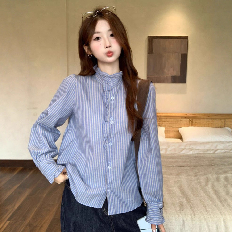 French Ruffled Blue Striped Women's Long Sleeve Shirt