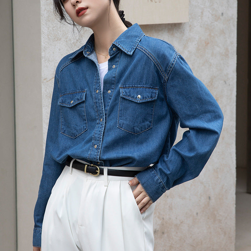 Retro Denim Shirt Niche Layering Blue Long Sleeve Top