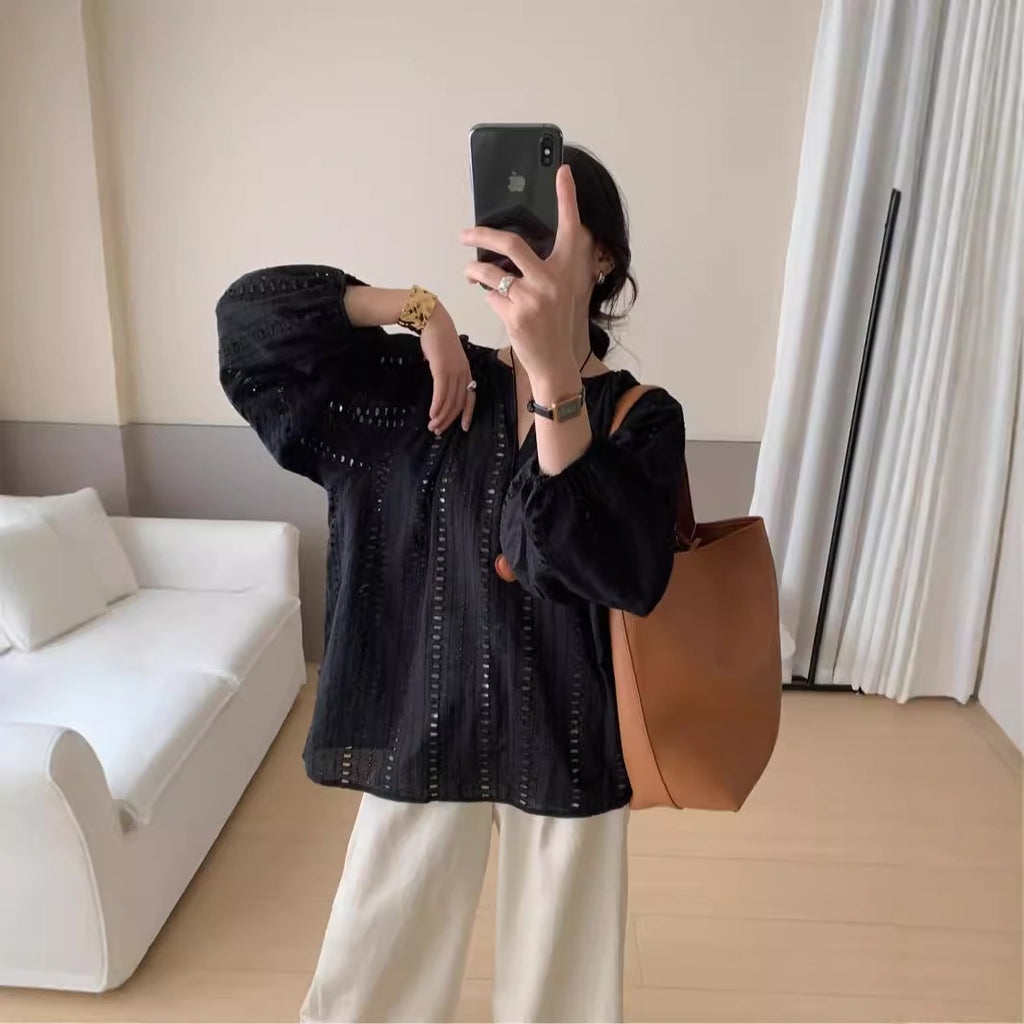 Simple V-neck Embroidered Jacquard Hollow-out Lazy Versatile Women's Long-sleeved Shirt