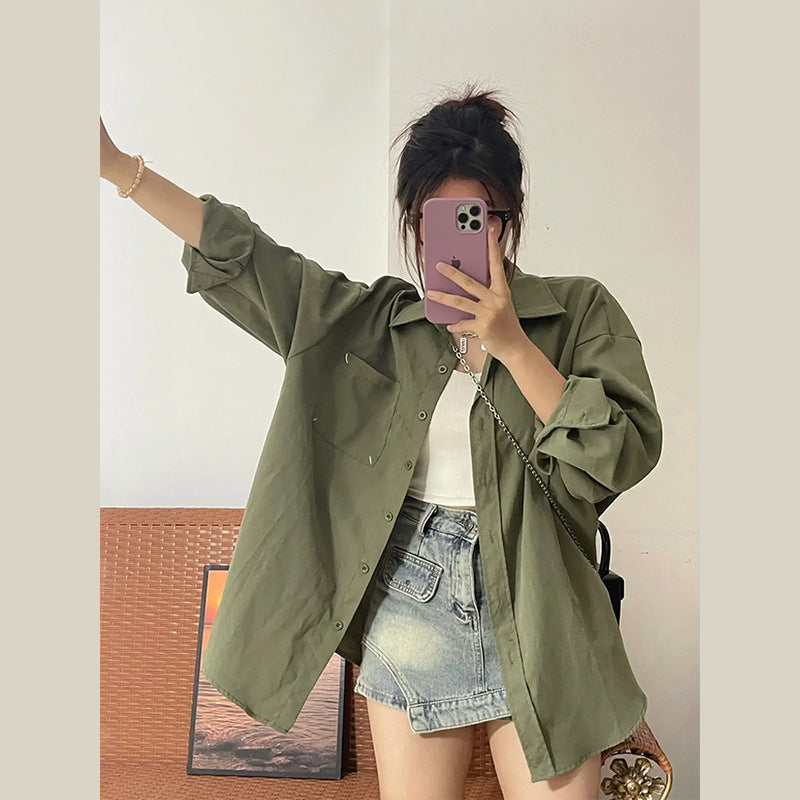 American Retro Green Shirt Cardigan Women's Spring And Autumn Coat