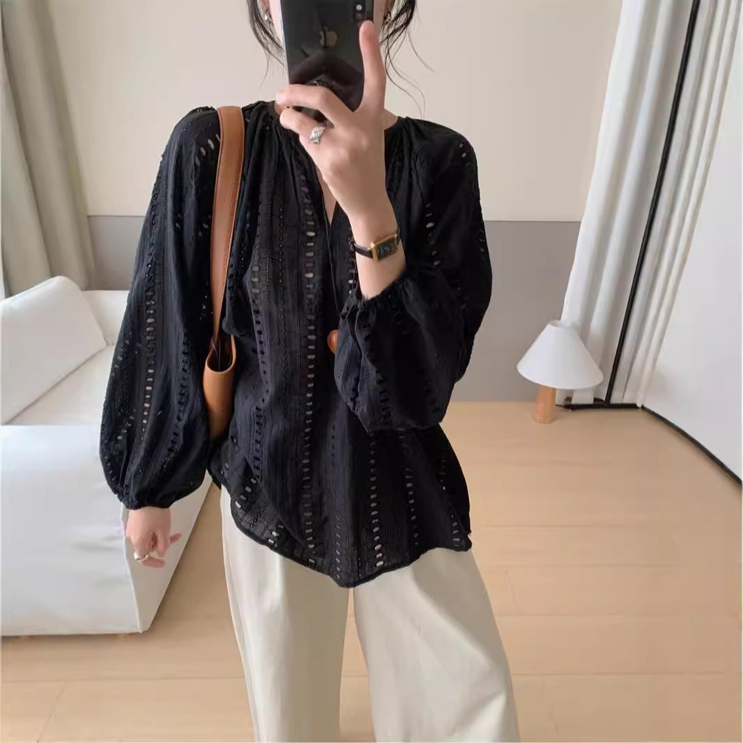 Simple V-neck Embroidered Jacquard Hollow-out Lazy Versatile Women's Long-sleeved Shirt