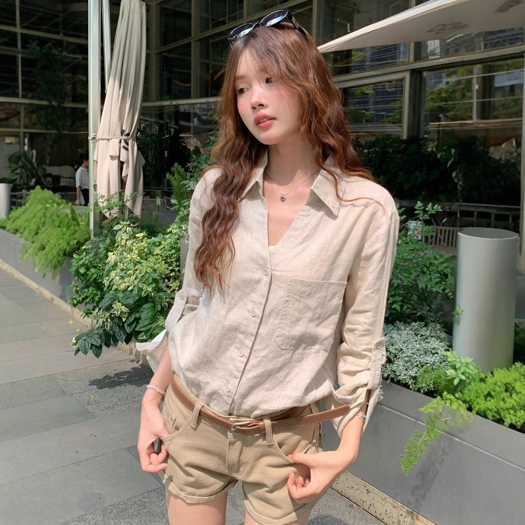 Women's V-neck Linen Casual Long-sleeve Sun Protection Top