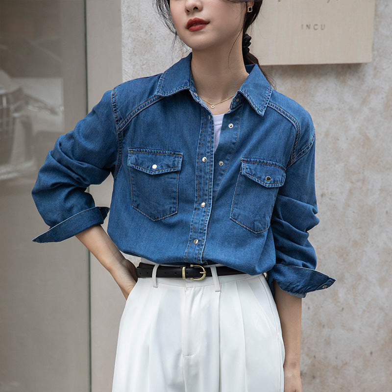 Retro Denim Shirt Niche Layering Blue Long Sleeve Top