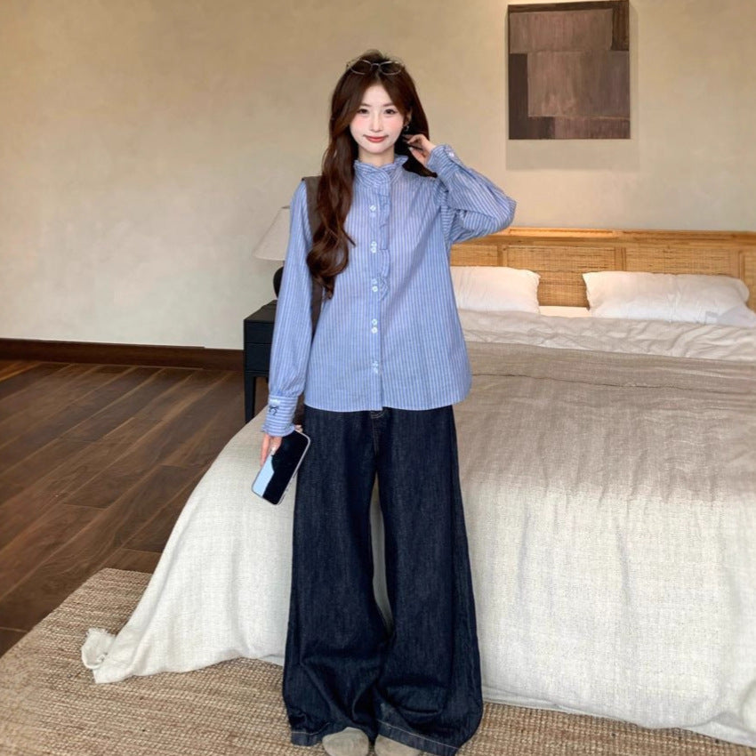 French Ruffled Blue Striped Women's Long Sleeve Shirt