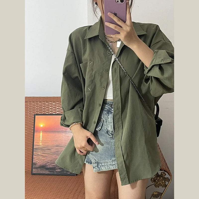 American Retro Green Shirt Cardigan Women's Spring And Autumn Coat