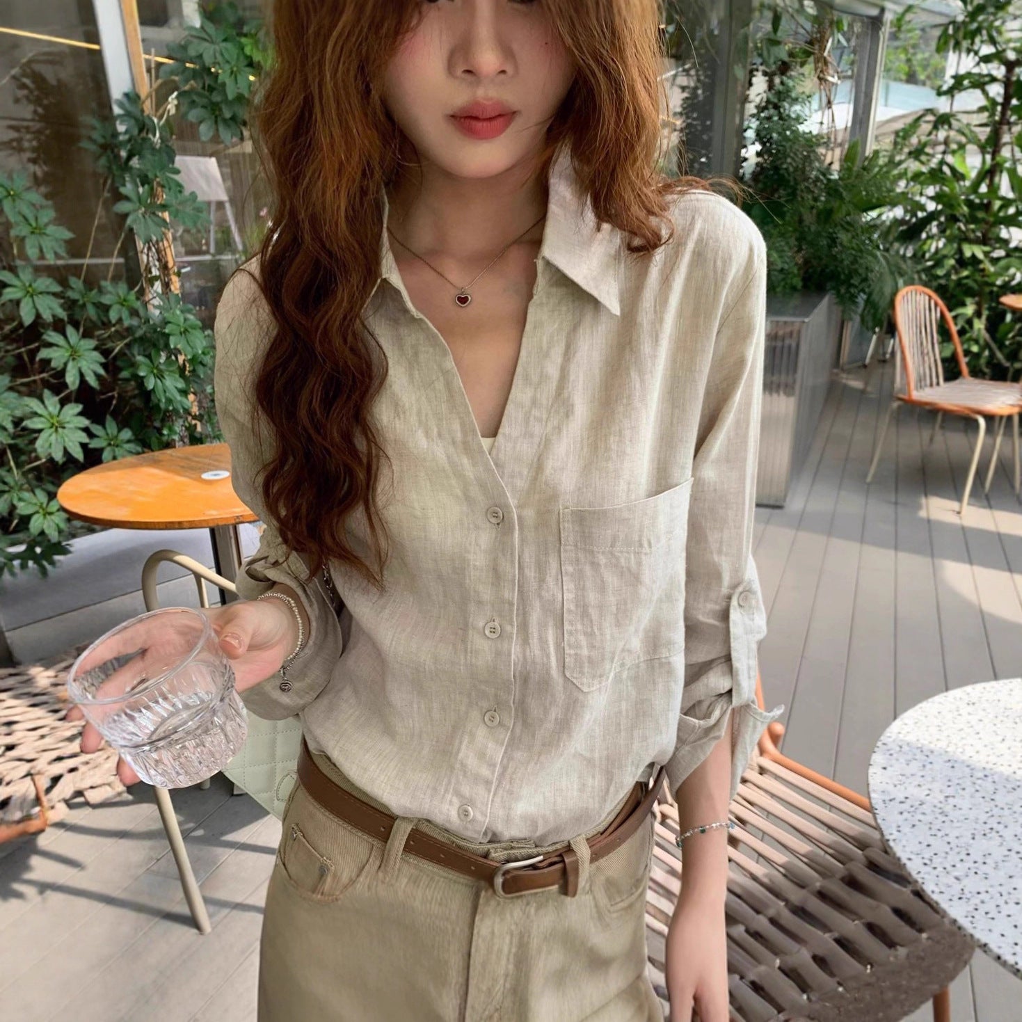 Women's V-neck Linen Casual Long-sleeve Sun Protection Top