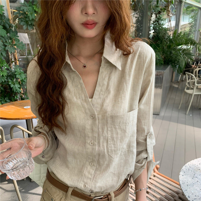 Women's V-neck Linen Casual Long-sleeve Sun Protection Top