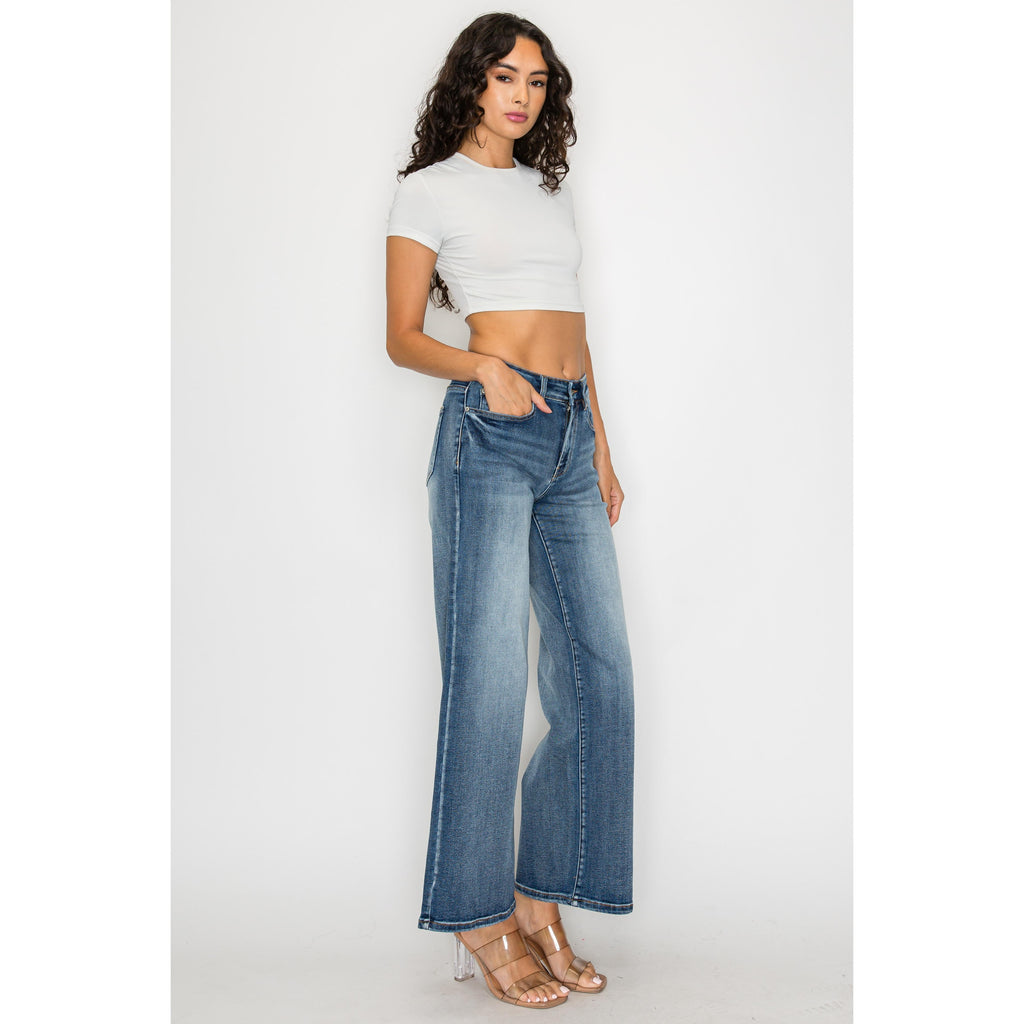 Dark Blue Plus Size High-Waisted Flare Pants Wide-Leg Trousers For Curvy Women