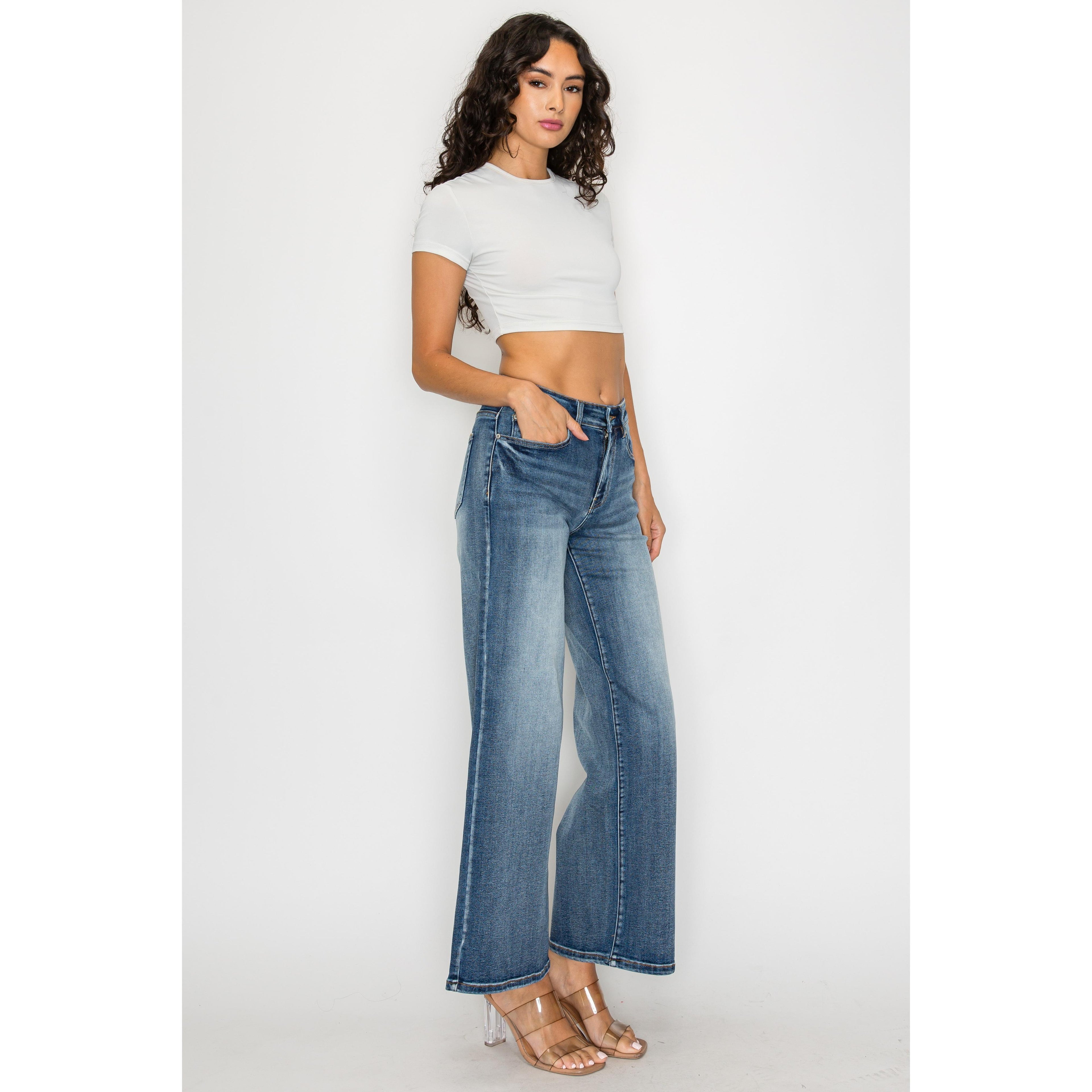 Dark Blue Plus Size High-Waisted Flare Pants Wide-Leg Trousers For Curvy Women